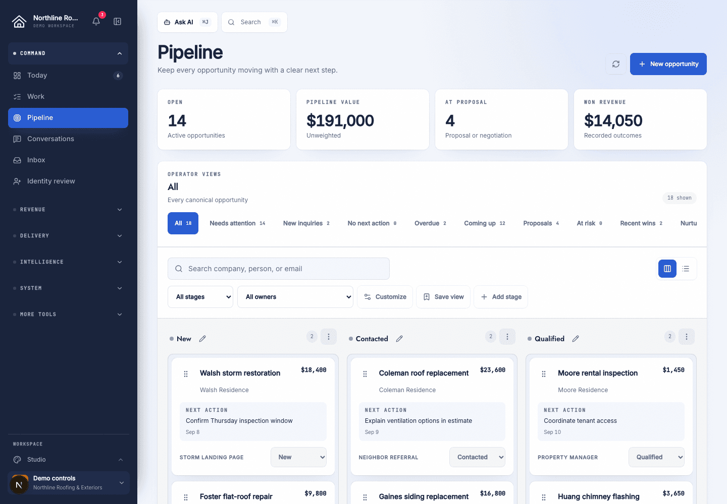 The pipeline board in a fictional roofing workspace, with one opportunity card in each stage column.