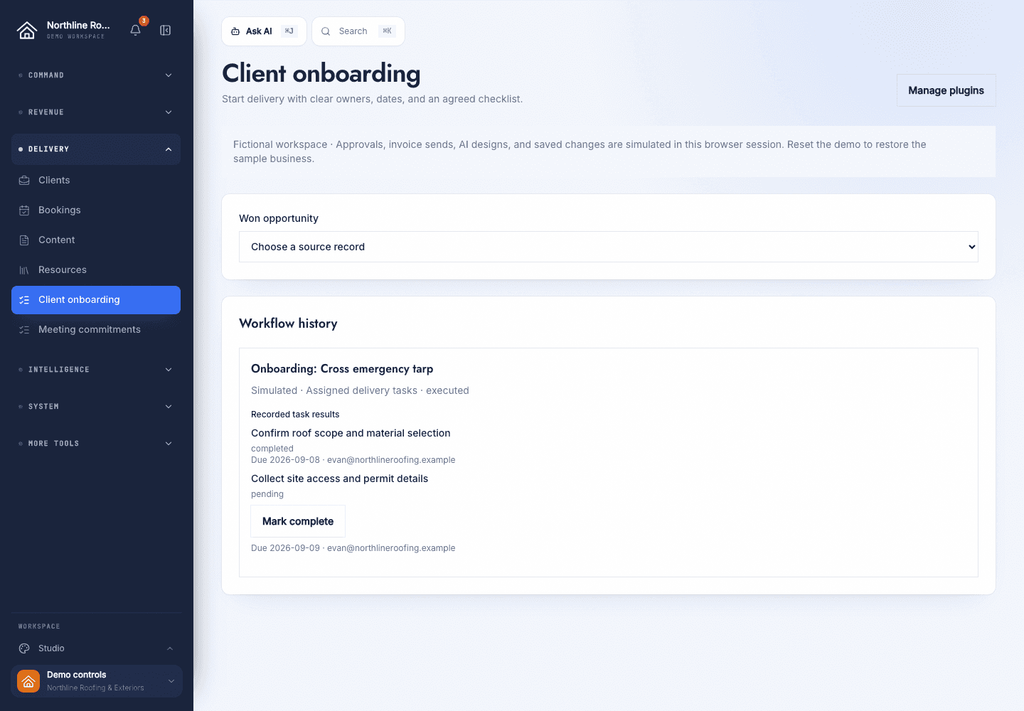 Client onboarding showing a fictional checklist and source opportunity.