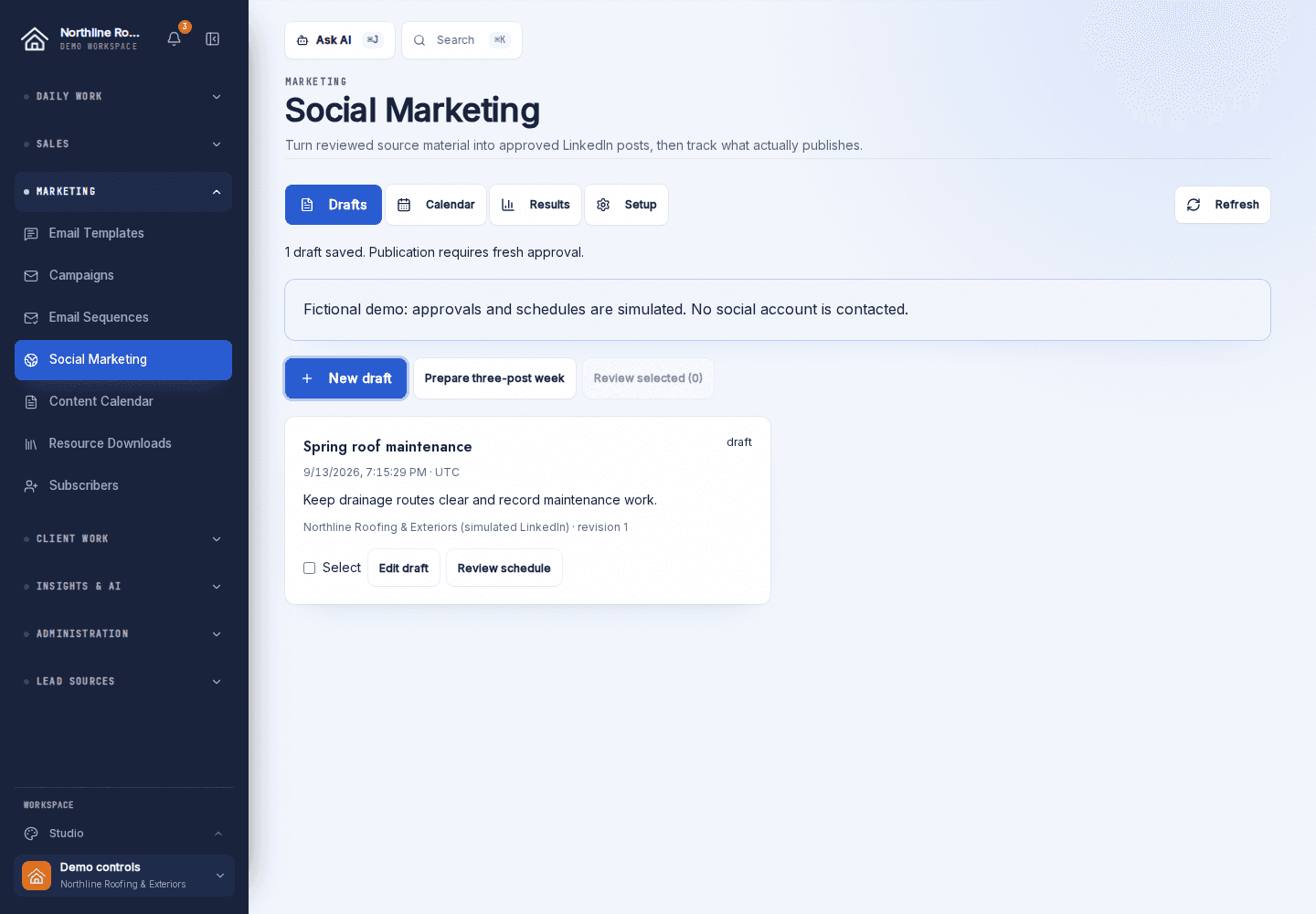 Social Marketing in the fictional Northline Roofing workspace, showing source-backed drafts and their publication schedules.