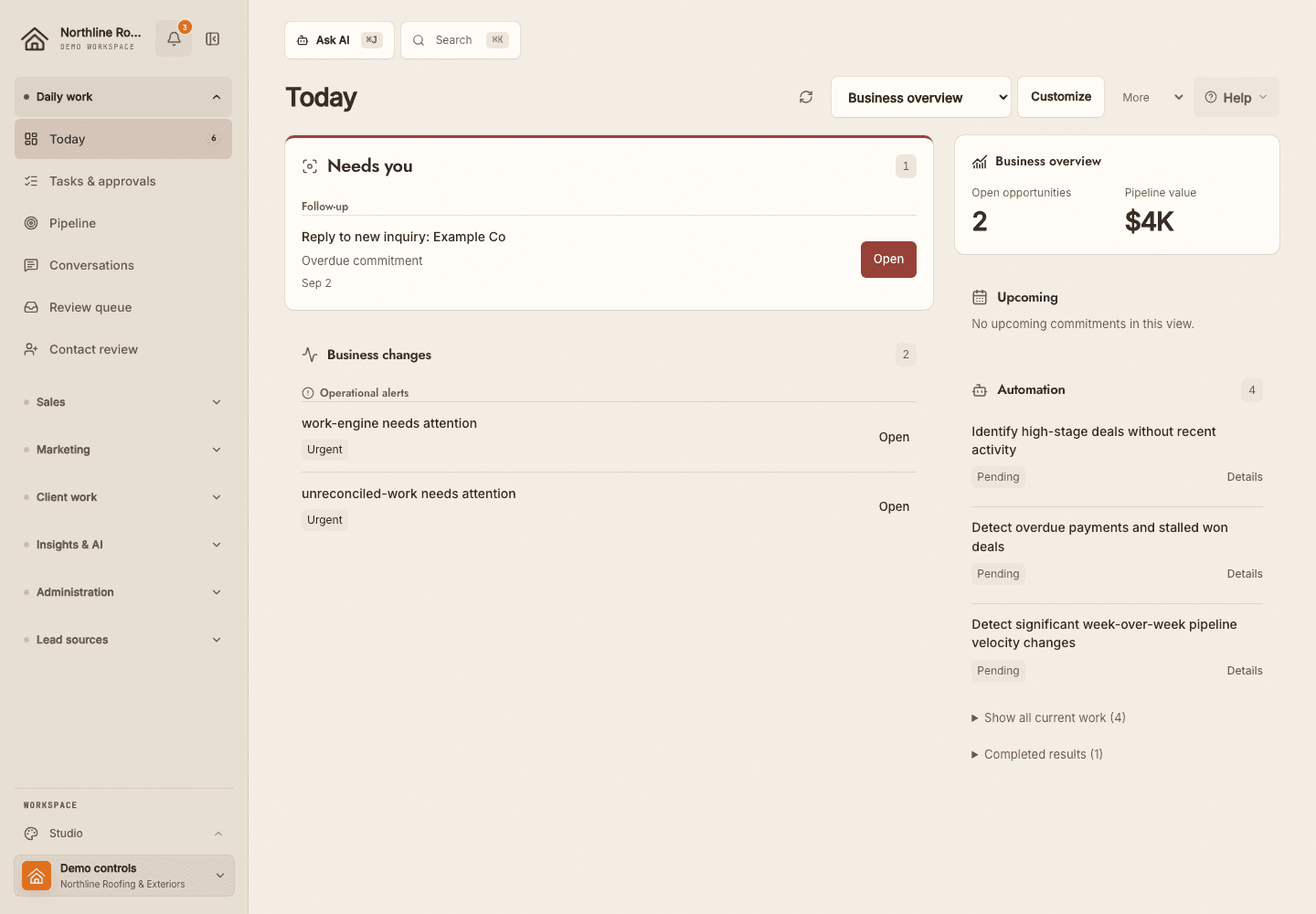 Today in a fictional roofing workspace, showing the ranked priority queue and the actions waiting for review.
